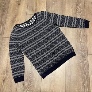 Ann Taylor Women Navy Geometric Boat Neck Long Sleeve Merino Wool Sweater Medium